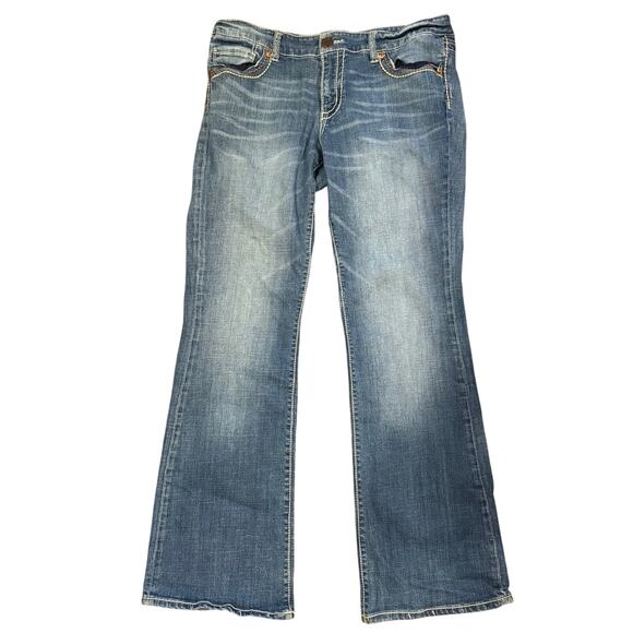 Seven7 Jeans Women’s Size 12 Bootcut Blue Denim Embroidered Pockets Distressed - Picture 1 of 10